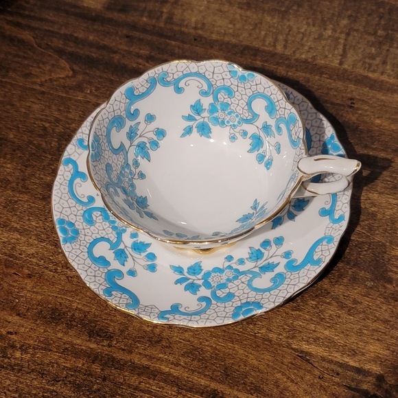 Vintage Royal Stafford Teacup and Saucer Wide Mouth Blue Gold - Picture 2 of 6